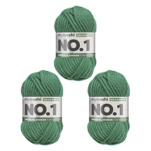 myboshi No.1 Wolle zum Häkeln und Stricken, Schnellstrickgarn, langlebige Mützenwolle, Strickwolle, Häkelwolle, mulesing-frei, 50g, Ll 55m Grün (Grasgrün) 3 Knäuel von myboshi