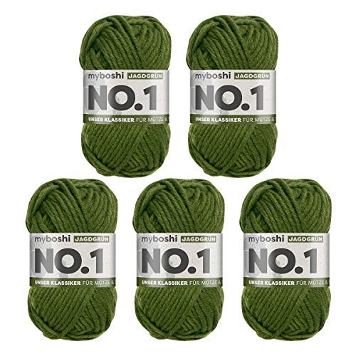 myboshi No.1 Wolle zum Häkeln und Stricken, Schnellstrickgarn, langlebige Mützenwolle, Strickwolle, Häkelwolle, mulesing-frei, 50g, Ll 55m Grün (Jagdgrün) 5 Knäuel von myboshi