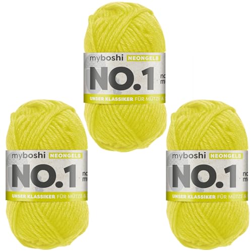 myboshi No.1 Wolle zum Häkeln und Stricken, Schnellstrickgarn, langlebige Mützenwolle, Strickwolle, Häkelwolle, mulesing-frei, 50g, Ll 55m Neongelb 3 Knäuel von myboshi