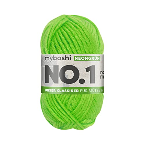 myboshi No.1 Wolle zum Häkeln und Stricken, Schnellstrickgarn, langlebige Mützenwolle, Strickwolle, Häkelwolle, mulesing-frei, 50g, Ll 55m Neongrün 1 Knäuel von myboshi