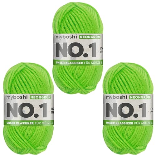 myboshi No.1 Wolle zum Häkeln und Stricken, Schnellstrickgarn, langlebige Mützenwolle, Strickwolle, Häkelwolle, mulesing-frei, 50g, Ll 55m Neongrün 3 Knäuel von myboshi