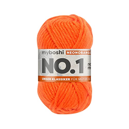 myboshi No.1 Wolle zum Häkeln und Stricken, Schnellstrickgarn, langlebige Mützenwolle, Strickwolle, Häkelwolle, mulesing-frei, 50g, Ll 55m Neonorange 1 Knäuel von myboshi