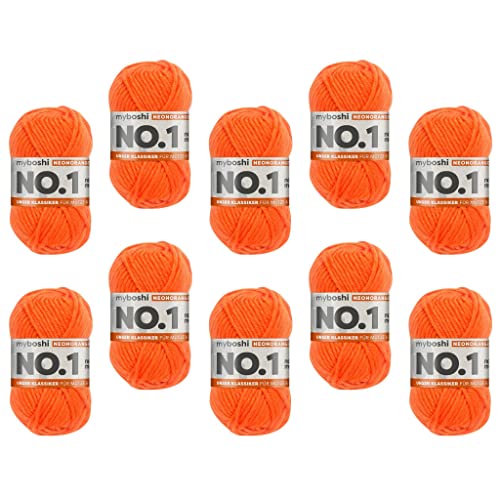 myboshi No.1 Wolle zum Häkeln und Stricken, Schnellstrickgarn, langlebige Mützenwolle, Strickwolle, Häkelwolle, mulesing-frei, 50g, Ll 55m Neonorange 10 Knäuel von myboshi