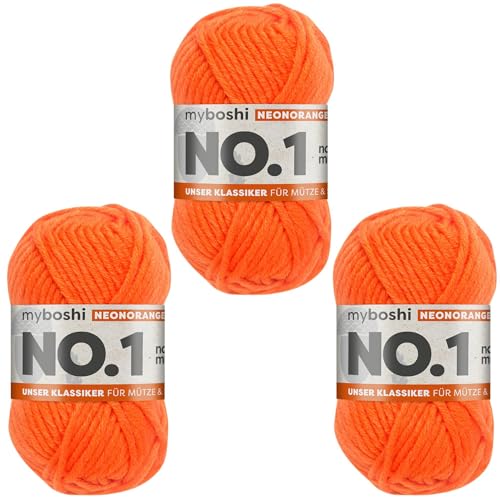 myboshi No.1 Wolle zum Häkeln und Stricken, Schnellstrickgarn, langlebige Mützenwolle, Strickwolle, Häkelwolle, mulesing-frei, 50g, Ll 55m Neonorange 3 Knäuel von myboshi