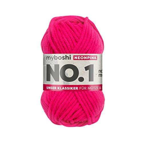 myboshi No.1 Wolle zum Häkeln und Stricken, Schnellstrickgarn, langlebige Mützenwolle, Strickwolle, Häkelwolle, mulesing-frei, 50g, Ll 55m Neonpink 1 Knäuel von myboshi