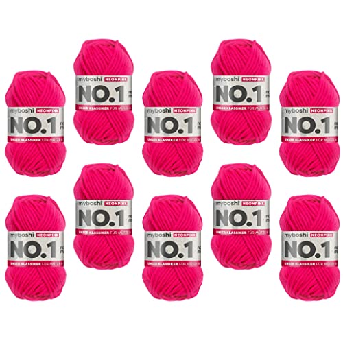 myboshi No.1 Wolle zum Häkeln und Stricken, Schnellstrickgarn, langlebige Mützenwolle, Strickwolle, Häkelwolle, mulesing-frei, 50g, Ll 55m Neonpink 10 Knäuel von myboshi