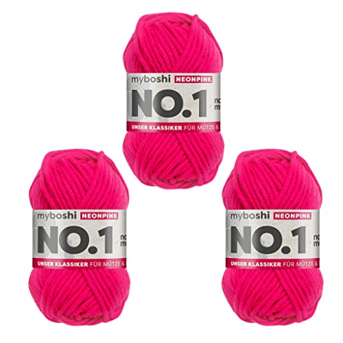 myboshi No.1 Wolle zum Häkeln und Stricken, Schnellstrickgarn, langlebige Mützenwolle, Strickwolle, Häkelwolle, mulesing-frei, 50g, Ll 55m Neonpink 3 Knäuel von myboshi