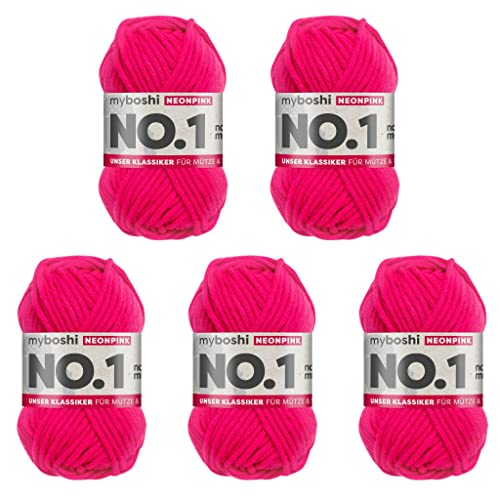 myboshi No.1 Wolle zum Häkeln und Stricken, Schnellstrickgarn, langlebige Mützenwolle, Strickwolle, Häkelwolle, mulesing-frei, 50g, Ll 55m Neonpink 5 Knäuel von myboshi