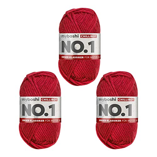 myboshi No.1 Wolle zum Häkeln und Stricken, Schnellstrickgarn, langlebige Mützenwolle, Strickwolle, Häkelwolle, mulesing-frei, 50g, Ll 55m Rot (Chillirot) 3 Knäuel von myboshi