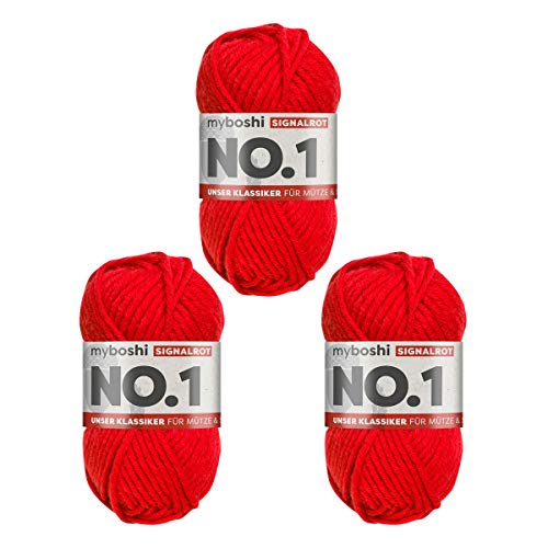 myboshi No.1 Wolle zum Häkeln und Stricken, Schnellstrickgarn, langlebige Mützenwolle, Strickwolle, Häkelwolle, mulesing-frei, 50g, Ll 55m Rot (Signalrot) 3 Knäuel von myboshi