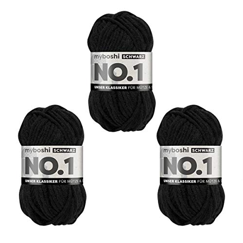 myboshi No.1 Wolle zum Häkeln und Stricken, Schnellstrickgarn, langlebige Mützenwolle, Strickwolle, Häkelwolle, mulesing-frei, 50g, Ll 55m Schwarz (Schwarz) 3 Knäuel von myboshi