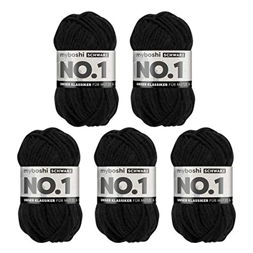 myboshi No.1 Wolle zum Häkeln und Stricken, Schnellstrickgarn, langlebige Mützenwolle, Strickwolle, Häkelwolle, mulesing-frei, 50g, Ll 55m Schwarz (Schwarz) 5 Knäuel von myboshi