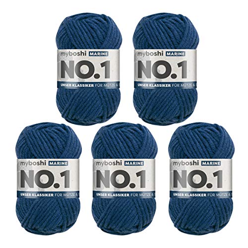 myboshi No.1 Wolle zum Häkeln und Stricken, Schnellstrickgarn, langlebige Mützenwolle, Strickwolle, Häkelwolle, mulesing-frei, 50g, Ll 55m Blau (Marine) 5 Knäuel von myboshi