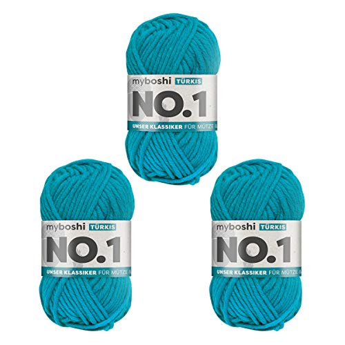 myboshi No.1 Wolle zum Häkeln und Stricken, Schnellstrickgarn, langlebige Mützenwolle, Strickwolle, Häkelwolle, mulesing-frei, 50g, Ll 55m Blau (Türkis) 3 Knäuel von myboshi