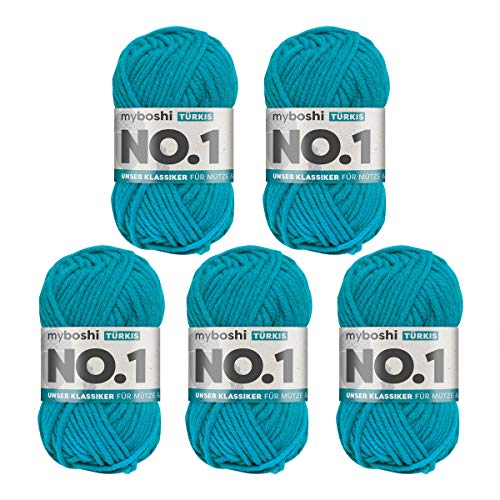 myboshi No.1 Wolle zum Häkeln und Stricken, Schnellstrickgarn, langlebige Mützenwolle, Strickwolle, Häkelwolle, mulesing-frei, 50g, Ll 55m Blau (Türkis) 5 Knäuel von myboshi