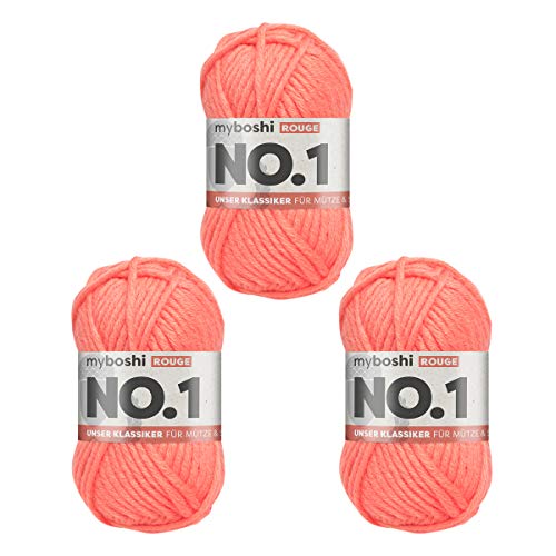 myboshi No.1 Wolle zum Häkeln und Stricken, Schnellstrickgarn, langlebige Mützenwolle, Strickwolle, Häkelwolle, mulesing-frei, 50g, Ll 55m Rosa (Rouge) 3 Knäuel von myboshi