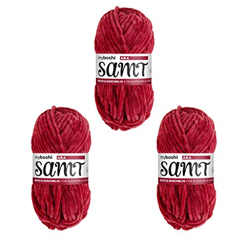 myboshi Samt, 100% Chenille-Garn, Rot - Ara, 100g, 100m, 3 Knäuel, Wolle zum Häkeln und Stricken, XXL-Knäuel, Amigurumigarn, Samtig weich von myboshi