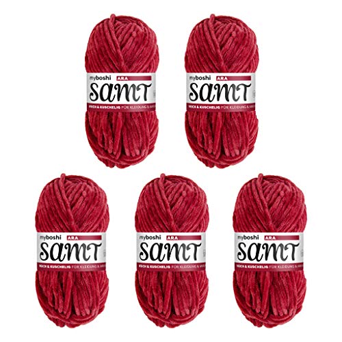 myboshi Samt Wolle zum Häkeln und Stricken, weiche Chenille Wolle im XXL-Knäuel, perfekt für Amigurumi und Kissen, 100% Flauschige Polyester, 100g, Ll 100m Rot (Ara) 5 Knäuel von myboshi