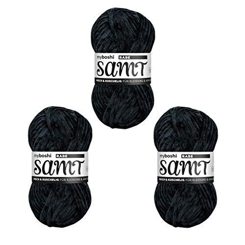 myboshi Samt Wolle zum Häkeln und Stricken, weiche Chenille Wolle im XXL-Knäuel, perfekt für Amigurumi und Kissen, 100% flauschige Polyester, 100g, Ll 100m Schwarz (Rabe) 3 Knäuel von myboshi