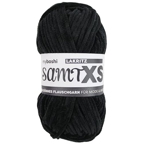 myboshi Samt XS, flauschiges, dünnes Chenillegarn, zum Häkeln und Stricken, für Mini-Amigurumi, Accessoires und Bekleidung, 50g, Ll 90m, Schwarz (Lakritz) 1 Knäuel von myboshi