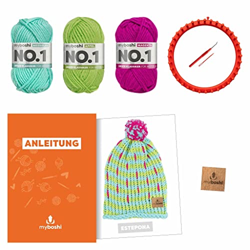 myboshi Strickring-Set Mütze Estepona, inkl. No.1-Wolle, Strickring, Anleitung, Wolle und Label, Strickringpaket, für Anfänger geeignet, Loom-Set 30% Merinowolle Bunt mit Strickring von myboshi