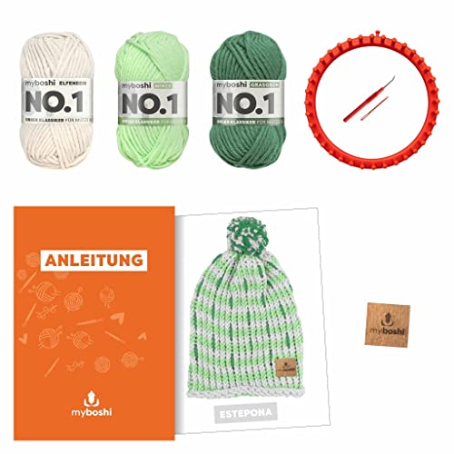 myboshi Strickring-Set Mütze Estepona, inkl. No.1-Wolle, Strickring, Anleitung, Wolle und Label, Strickringpaket, für Anfänger geeignet, Loom-Set 30% Merinowolle Grün mit Strickring von myboshi