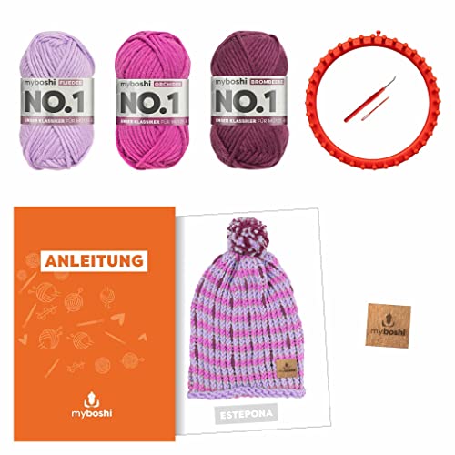 myboshi Strickring-Set Mütze Estepona, inkl. No.1-Wolle, Strickring, Anleitung, Wolle und Label, Strickringpaket, für Anfänger geeignet, Loom-Set 30% Merinowolle Lila mit Strickring von myboshi