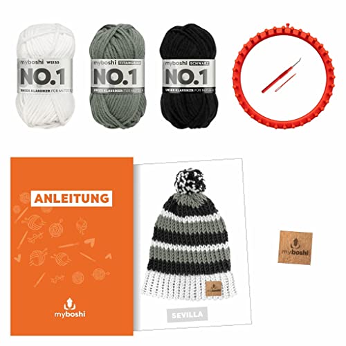 myboshi Strickring-Set Mütze Sevilla, inkl. No.1-Wolle, Strickring, Anleitung, Wolle und Label, Strickringpaket, für Anfänger geeignet, Loom-Set 30% Merinowolle Grau mit Strickring von myboshi