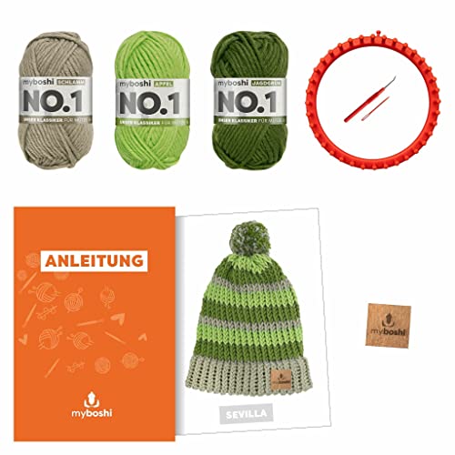 myboshi Strickring-Set Mütze Sevilla, inkl. No.1-Wolle, Strickring, Anleitung, Wolle und Label, Strickringpaket, für Anfänger geeignet, Loom-Set 30% Merinowolle Grün mit Strickring von myboshi