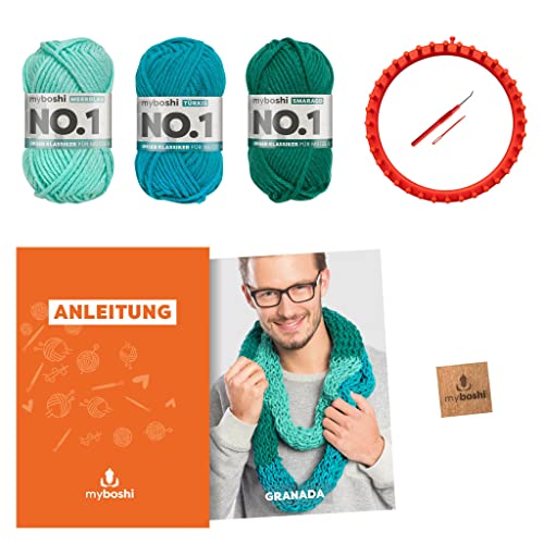 myboshi Strickring-Set Rundschal Granada, inkl. No.1-Wolle, Strickring, Anleitung, Wolle und Label, Strickringpaket, Loom-Set 30% Merinowolle Blau mit Strickring von myboshi