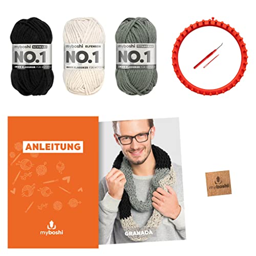 myboshi Strickring-Set Rundschal Granada, inkl. No.1-Wolle, Strickring, Anleitung, Wolle und Label, Strickringpaket, Loom-Set 30% Merinowolle Schwarz mit Strickring von myboshi