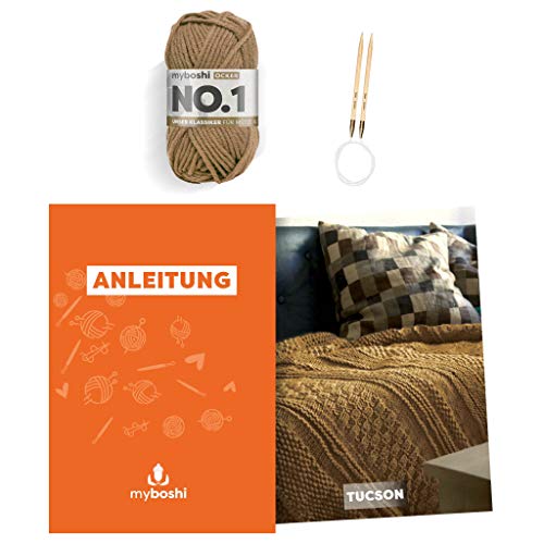 myboshi Strickset Decke Tucson, inkl No.1 Wolle, Nadel und Anleitung, Home, DIY-Strickpaket, 30% Merinowolle Braun mit Rundstricknadel von myboshi