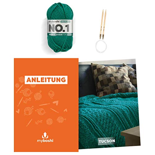 myboshi Strickset Decke Tucson, inkl No.1 Wolle, Nadel und Anleitung, Home, DIY-Strickpaket, 30% Merinowolle Grün mit Rundstricknadel von myboshi