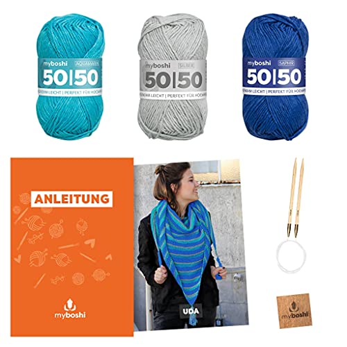 myboshi Strickset Dreieckstuch UDA, inkl. 50/50 Wolle, Nadel und Anleitung, für Oberbekleidung, Strickpaket, 50% Merinowolle, 50% Baumwolle Blau mit Rundstricknadel von myboshi