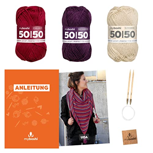 myboshi Strickset Dreieckstuch Uda, inkl. 50/50 Wolle, Nadel und Anleitung, für Oberbekleidung, Strickpaket, 50% Merinowolle, 50% Baumwolle Rot mit Rundstricknadel von myboshi