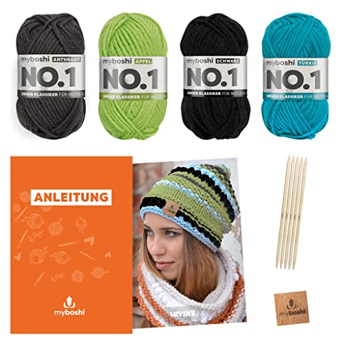 myboshi Strickset Mütze Irvine, Strickpaket für Fortgeschrittene, inkl. No.1 Wolle, Nadel, Anleitung und Label, 30% Merinowolle Grün mit Nadelspiel von myboshi