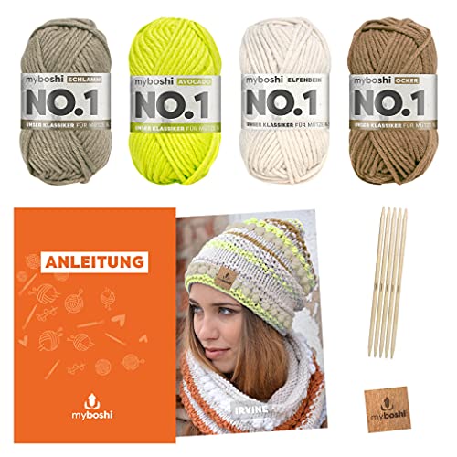 myboshi Strickset Mütze Irvine, Strickpaket für Fortgeschrittene, inkl. No.1 Wolle, Nadel, Anleitung und Label, 30% Merinowolle Braun mit Nadelspiel von myboshi