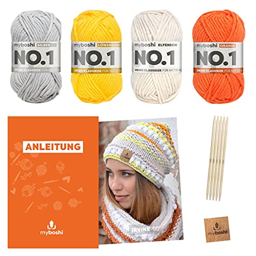 myboshi Strickset Mütze Irvine, Strickpaket für Fortgeschrittene, inkl. No.1 Wolle, Nadel, Anleitung und Label, 30% Merinowolle Orange mit Nadelspiel von myboshi