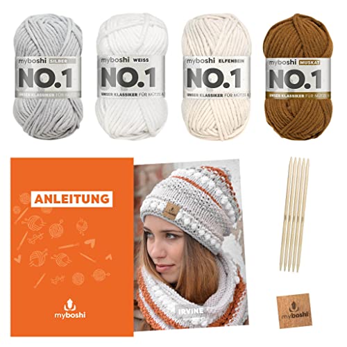 myboshi Strickset Mütze Irvine, Strickpaket für Fortgeschrittene, inkl. No.1 Wolle, Nadel, Anleitung und Label, 30% Merinowolle Beige mit Nadelspiel von myboshi