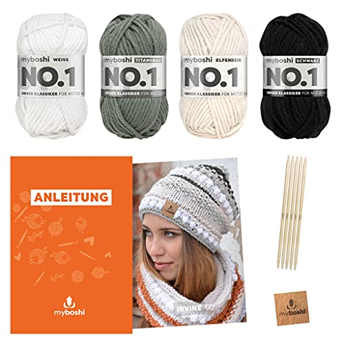 myboshi Strickset Mütze Irvine, Strickpaket für Fortgeschrittene, inkl. No.1 Wolle, Nadel, Anleitung und Label, 30% Merinowolle Dunkel mit Nadelspiel von myboshi