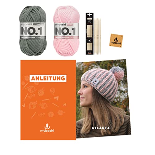 myboshi Strickset Mütze Atlanta, inkl No.1 Wolle, Nadelspiel, Anleitung und Label, 30% Merinowolle Rosa 4 Knäuel mit Nadelspiel von myboshi