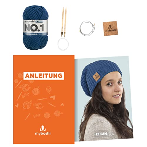 myboshi Strickset Mütze Elgin, Strickset für Anfänger, inkl. No.1 Wolle, Nadel und Anleitung, Label, Strickpaket, 30% Merinowolle Blau mit Rundstricknadel von myboshi