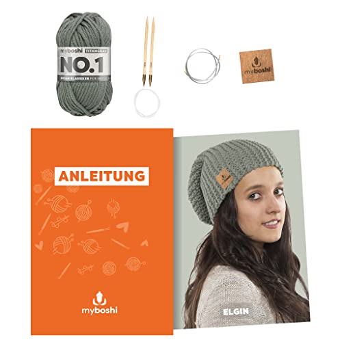 myboshi Strickset Mütze Elgin, Strickset für Anfänger, inkl. No.1 Wolle, Nadel und Anleitung, Label, Strickpaket, 30% Merinowolle Titangrau mit Rundstricknadel von myboshi