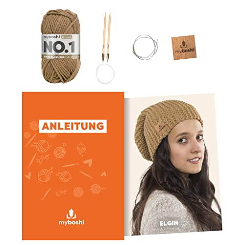 myboshi Strickset Mütze Elgin, Strickset für Anfänger, inkl. No.1 Wolle, Nadel und Anleitung, Label, Strickpaket, 30% Merinowolle Braun mit Rundstricknadel von myboshi