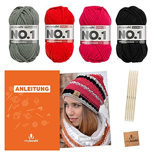 myboshi Strickset Mütze Irvine, Strickpaket für Fortgeschrittene, inkl. No.1 Wolle, Nadel, Anleitung und Label, 30% Merinowolle Rot mit Nadelspiel von myboshi