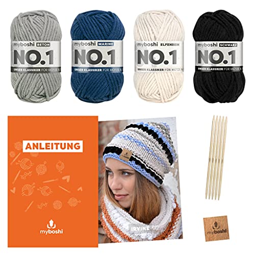 myboshi Strickset Mütze Irvine, Strickpaket für Fortgeschrittene, inkl. No.1 Wolle, Nadel, Anleitung und Label, 30% Merinowolle Blau mit Nadelspiel von myboshi