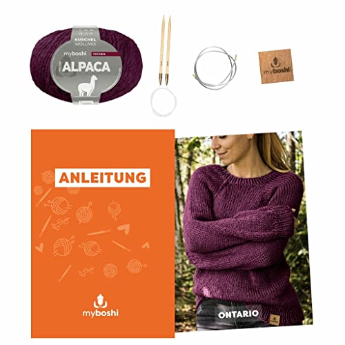 myboshi Strickset Raglanpullover Ontario, Strickset für Anfänger, inkl. Alpaca Wolle, Nadel und Anleitung, Label, Strickpaket, 10% Alpaka, 25% Schurwolle Lila mit Rundstricknadel von myboshi