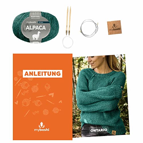 myboshi Strickset Raglanpullover Ontario, Strickset für Anfänger, inkl. Alpaca Wolle, Nadel und Anleitung, Label, Strickpaket, 10% Alpaka, 25% Schurwolle Petrol mit Rundstricknadel von myboshi