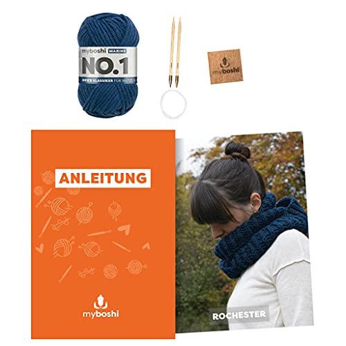 myboshi Strickset Rundschal Rochester, inkl. No.1 Wolle, Nadel und Anleitung, für Mützen und Schals, Strickpaket, 30% Merinowolle Blau mit Rundstricknadel von myboshi