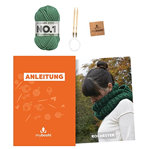 myboshi Strickset Rundschal Rochester, inkl. No.1 Wolle, Nadel und Anleitung, für Mützen und Schals, Strickpaket, 30% Merinowolle Grün mit Rundstricknadel von myboshi